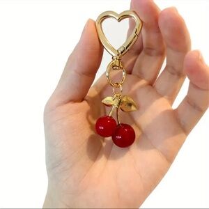 NWT! Cherry Charm Keychain with Heart-Shaped Lobster Clasp - Cartoon Anime.